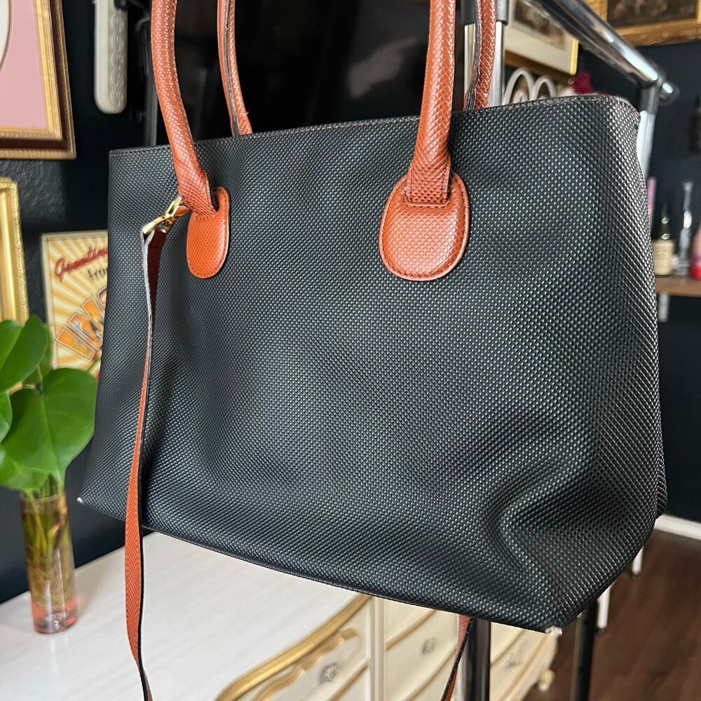 Classic Black Tote with Tan Accents - Women's Handbag